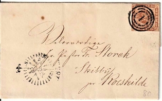 FRIMÆRKER DANMARK | 1854-57 - AFA 4 - 4 Skilling brun på pænt brev - Flot Stemplet (1) og kompas stempel